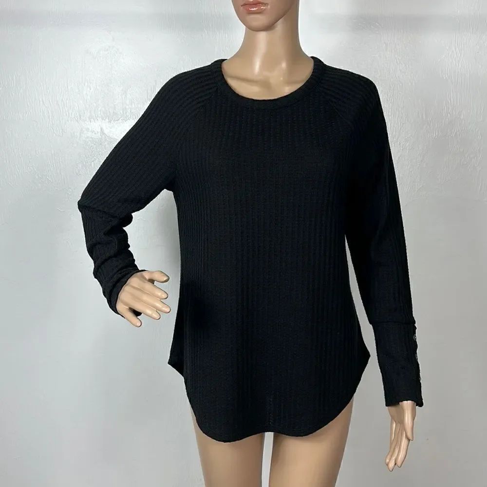 Chaser Black Waffle Knit Long Sleeve Crew Neck Top Size M